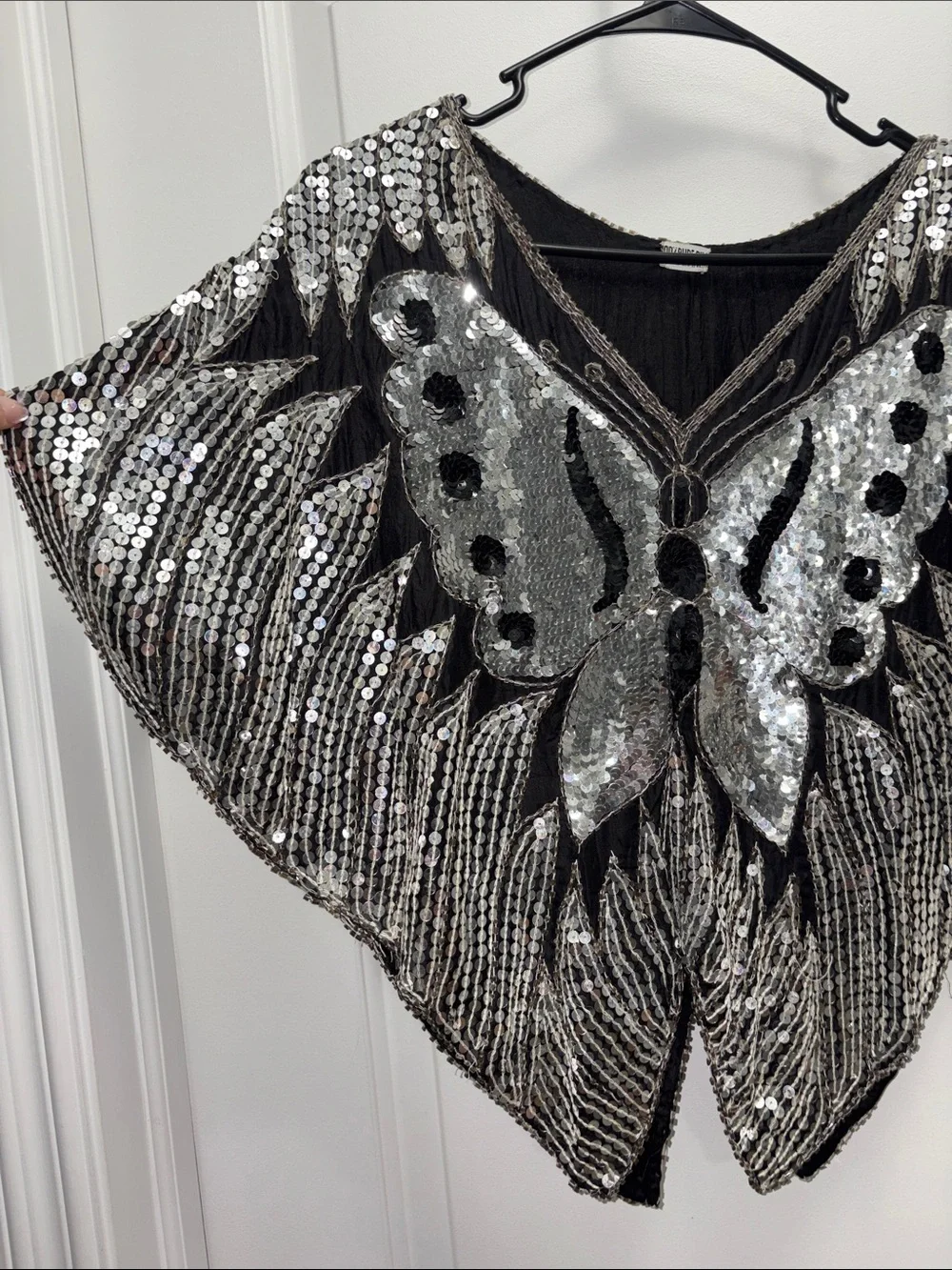 Vintage Silk Black Sheer Sequin Butterfly Poncho Top Beaded Batwing Festival